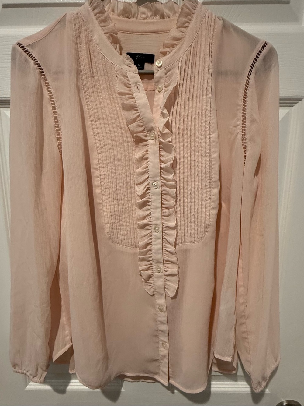 J. Crew Blush Pink Ruffled Pintuck Button-Front Blouse